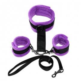 Handcuffs to Collar with Leash Adjustable and Detachable Purple