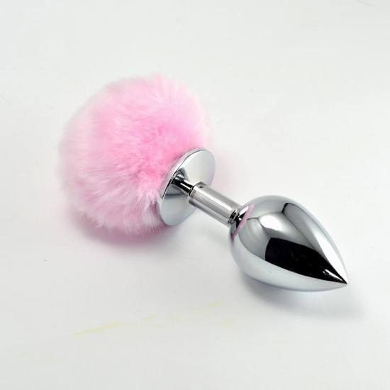 Metal Butt Plug with Pink Pompon Size L