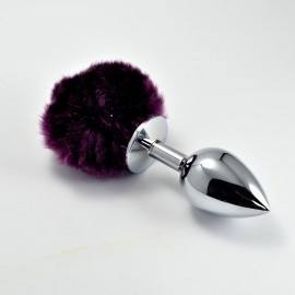 Metal Butt Plug with Purple Pompon Size L