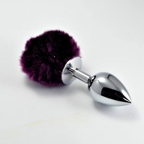 Metal Butt Plug with Purple Pompon Size S